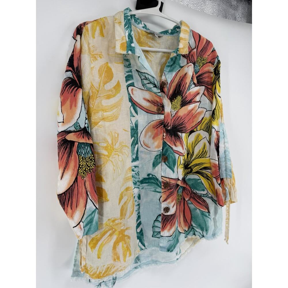 John Mark Artsy Boho Wire Collar Raw Hem Pull Sleeve Linen Tunic Top Small - Picture 4 of 9